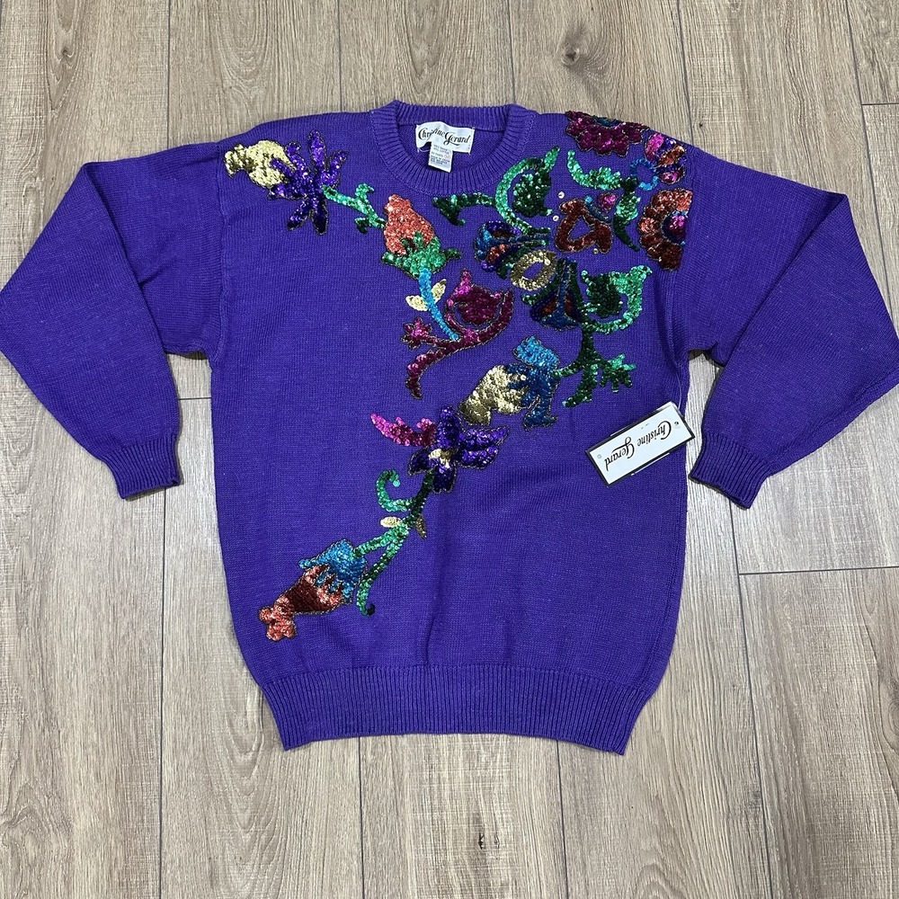 Vintage 80s Christine Gerard Sweater Purple Sequins‎ Sz M - Brand New